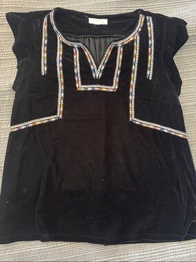 THML Black Velvet Embroidered Cap-Sleeve Blouse